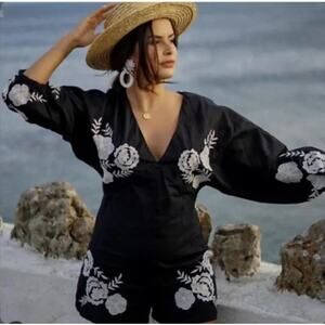 ZARA Embroidered Linen Blend Playsuit Black Floral Long Sleeve Women's XS